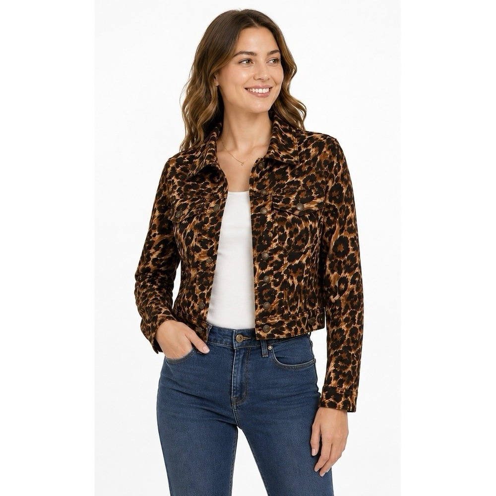 Lucy & Laurel Leopard Print Linen Jacket Women's XL Safari Utility Trucker Coat